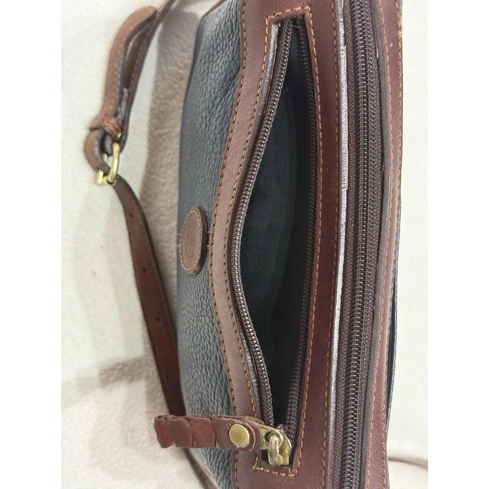 Vintage Liz Claiborne Bag Navy Pebbled Leather Handbag Brown Trim 80's 90's